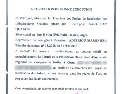 ATTESTATION DE BONNE EXÉCUTION  « Cercle régionale 4 étoiles à ORAN « 